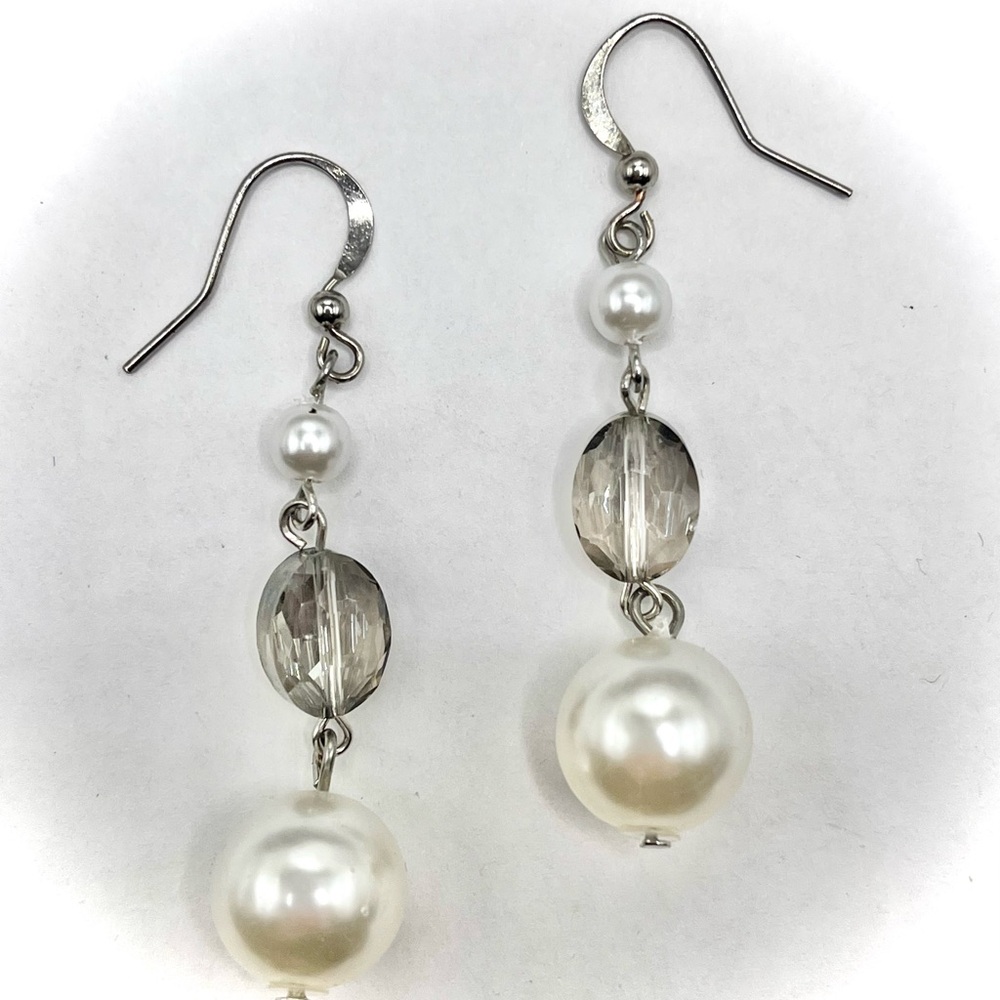 Beautiful faux PEARL DROP EARRINGS with faceted Smokey grey gemstone